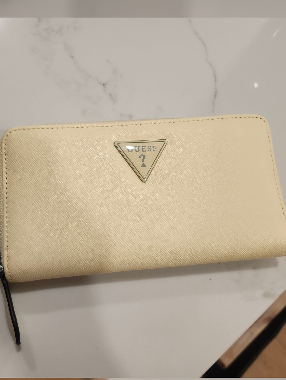 Guess Saffiano Zip-Around Wallet in Cream/Yellow